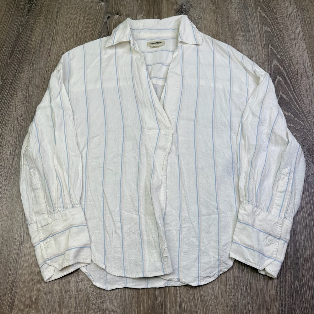 Zadig & Voltaire Womens White Striped Linen Travela Raye Tunic Blouse Top Size L